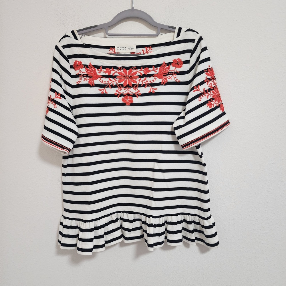 Kate Spade Broome Street Black White Striped Embroidered Ruffle Hem Top Size‎ Lg